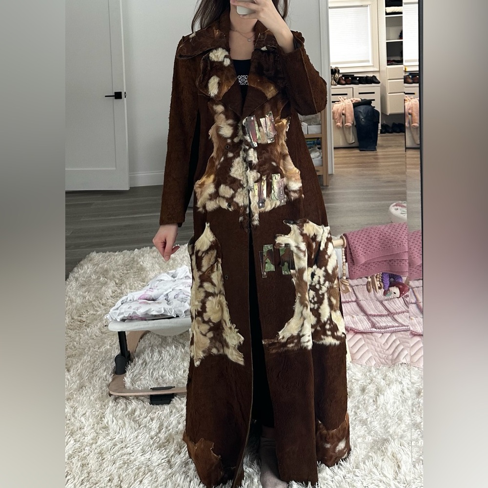 genuine leather and fur patchwork maxi coat